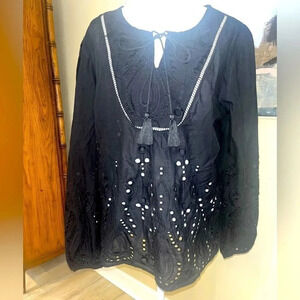 NWOT ADIVA Black Eyelet Top with Tassels Sz Medium